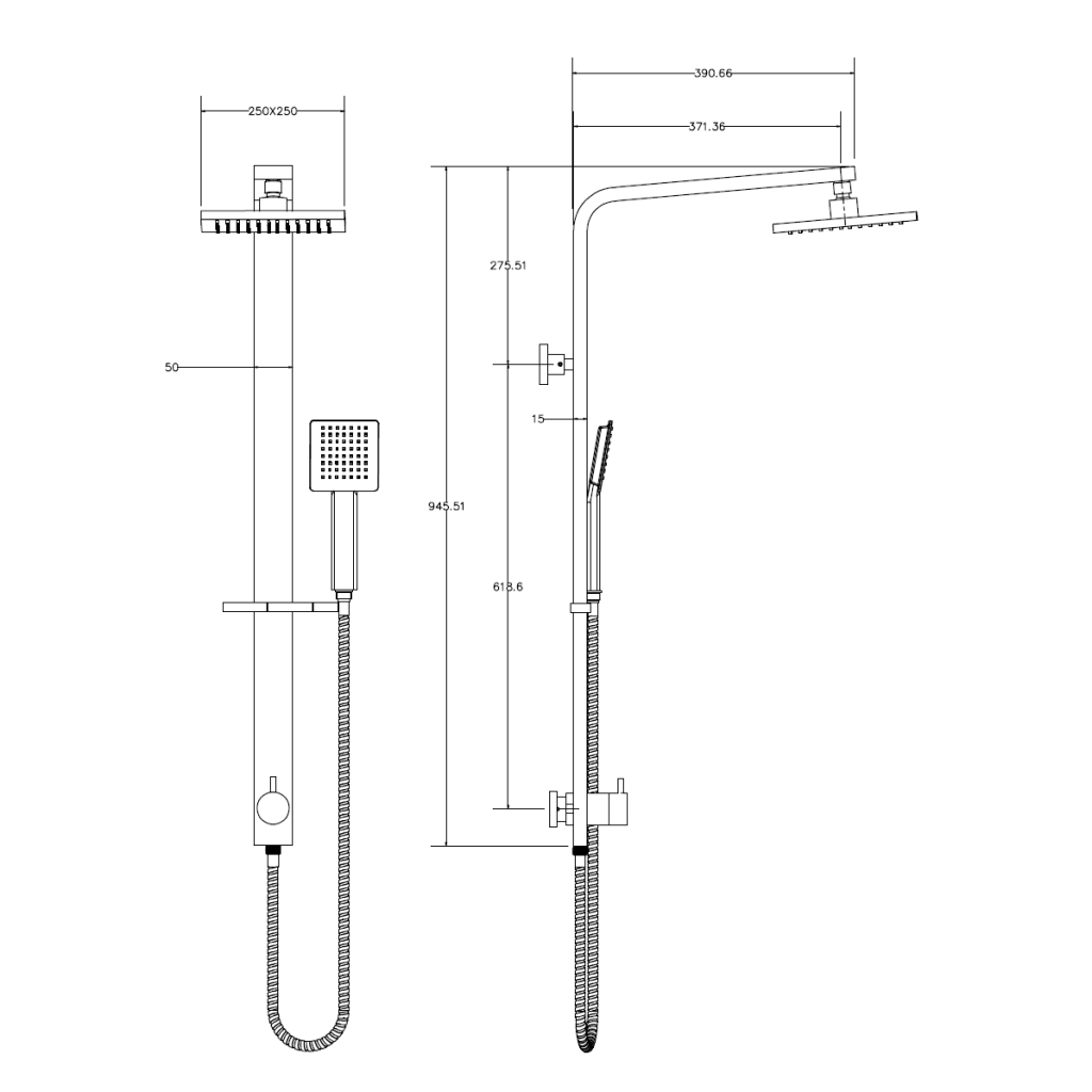 Deko Wide Shower Rail - Bottom Inlet - Square