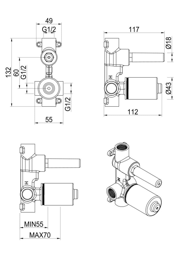 Tiago, Beki, Eleniko, Kaza - Shower Mixer Diverter - BODY ONLY