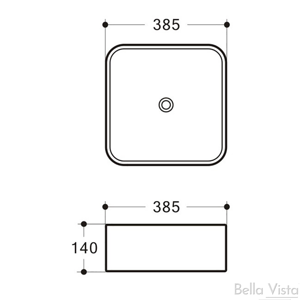 Riva 380 x 380mm bathroom basin dimensions with 385mm top view and 140mm height design.