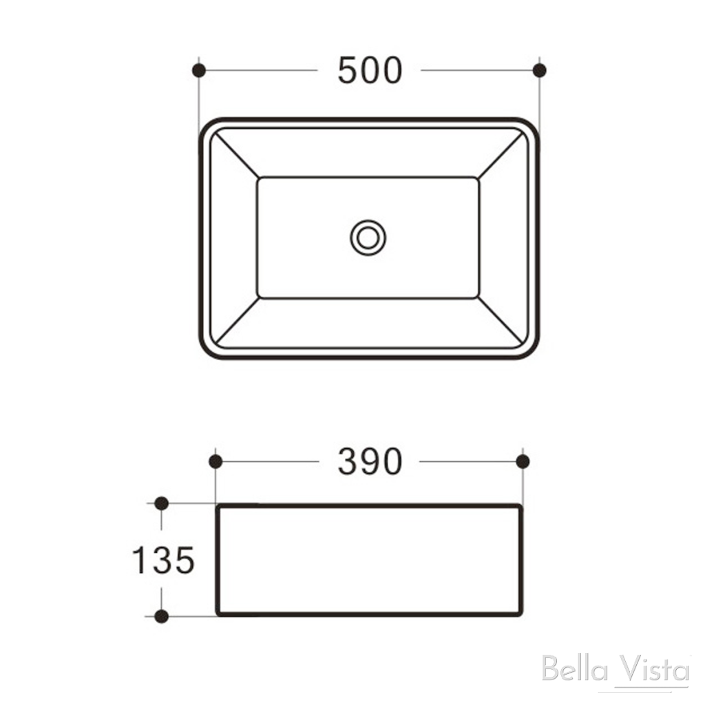 Riva 500 x 390mm premium bathroom basin layout and dimensions illustration.