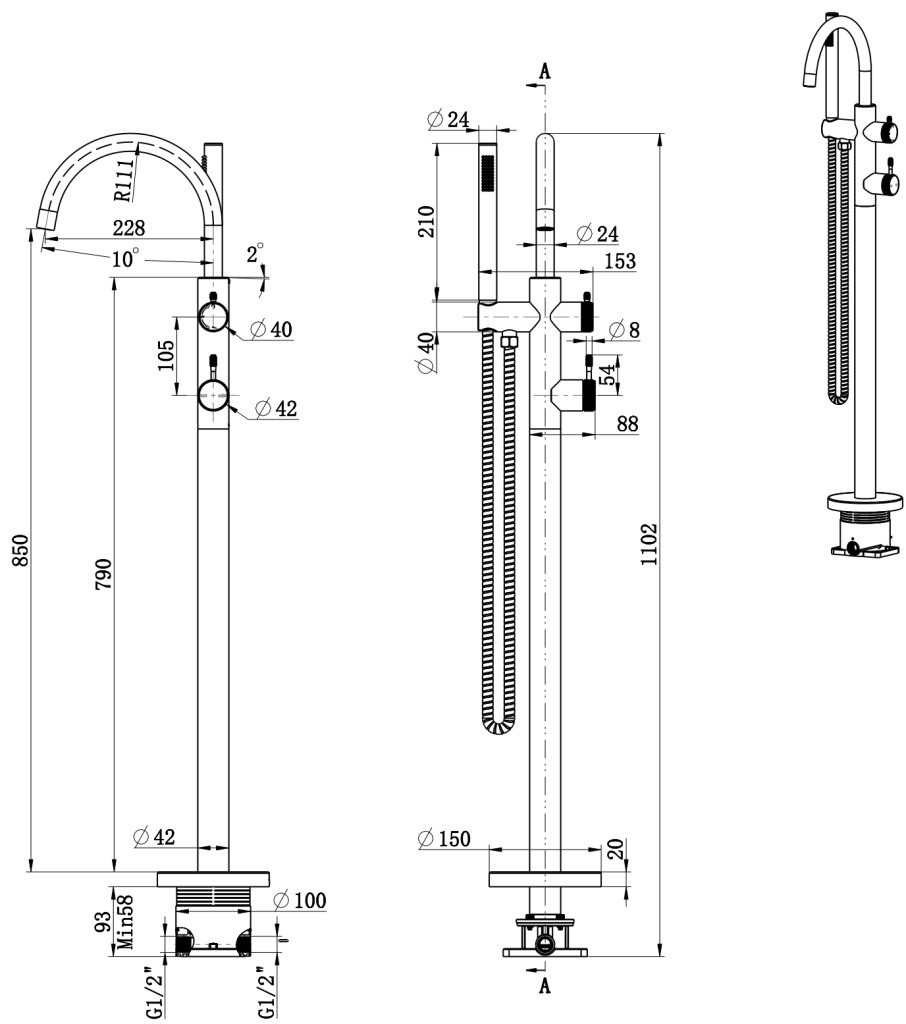 Mica Fluted Freestanding Bath Mixer with Hand Shower
