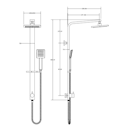 Deko Wide Shower Rail - Bottom Inlet - Square