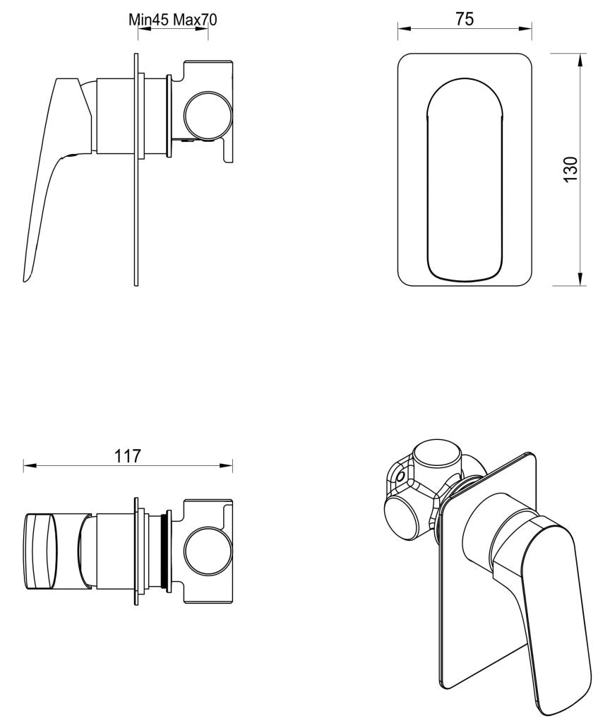 Kaza Shower Mixer - Square Plate - TRIM KIT ONLY