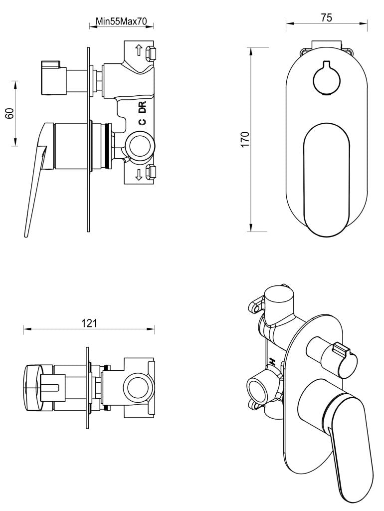 Lantra Shower Mixer Diverter - 1P - TRIM KIT ONLY