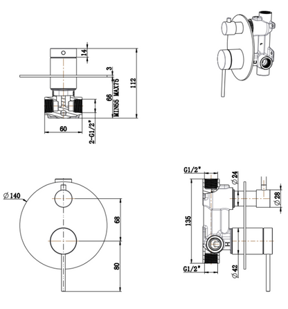 Mica Shower Mixer Diverter - 1P - TRIM KIT ONLY