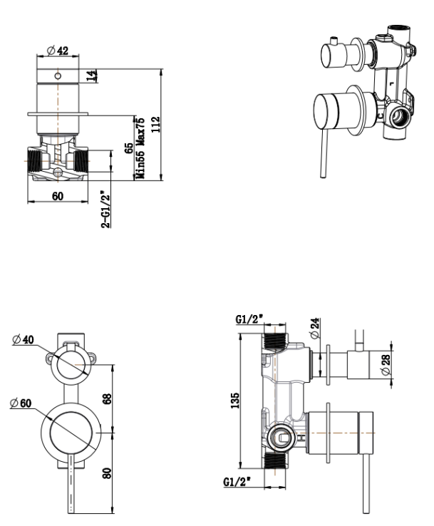 Mica Shower Mixer Diverter - 2P - TRIM KIT ONLY