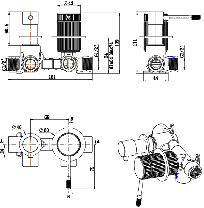 Mica Fluted Shower Mixer Diverter - Sideways