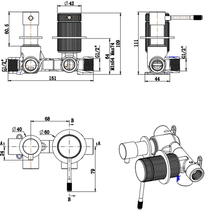 Mica Fluted Shower Mixer Diverter - Sideways
