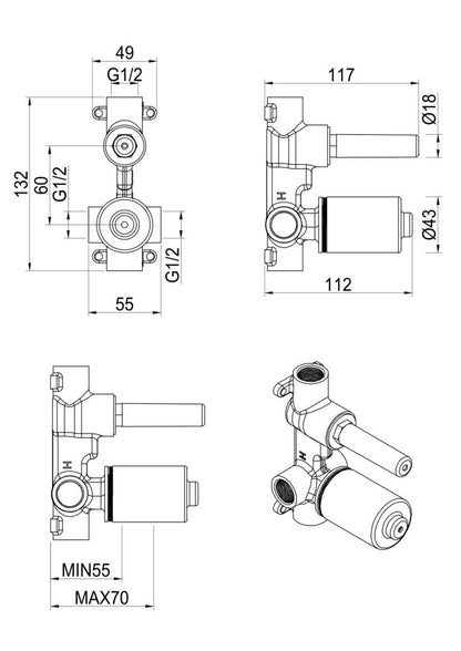 Tiago, Beki, Eleniko, Kaza - Shower Mixer Diverter - BODY ONLY