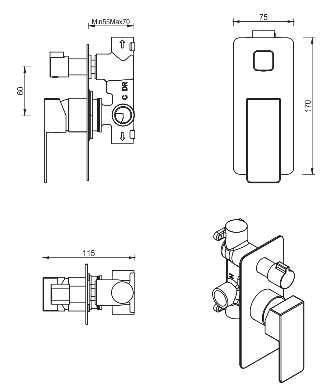 Aleko Project Shower Mixer Diverter - TRIM KIT ONLY