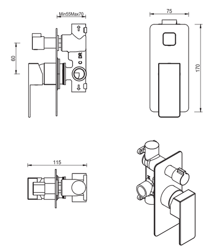 Aleko Project Shower Mixer Diverter - TRIM KIT ONLY