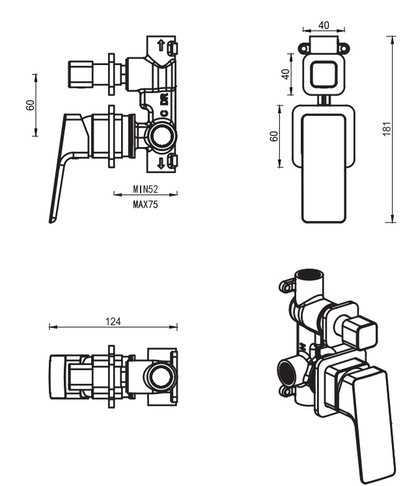 Tiago Shower Mixer Diverter - 2P - TRIM KIT ONLY