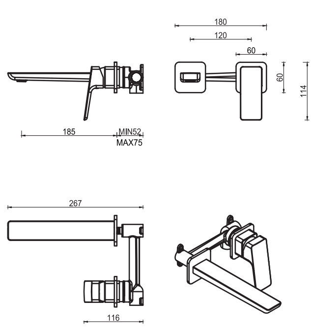 Tiago Wall-Spout Combo - 2P - TRIM KIT ONLY