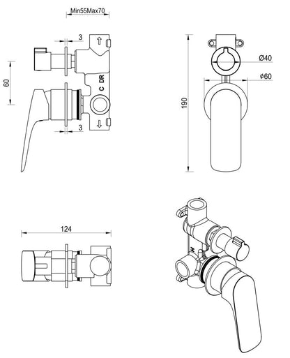 Kaza Shower Mixer Diverter - 2P - TRIM KIT ONLY